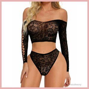 Fishnet Lingerie Set Long Sleeve Bodysuit Nightwear XS-L